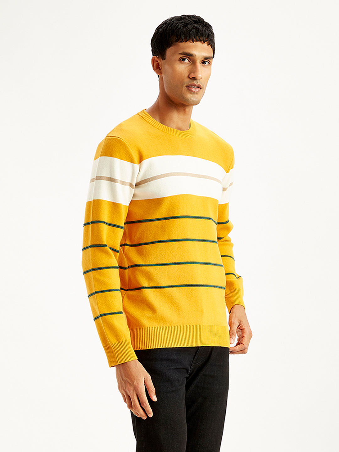 Men's Striped Mustard Crew Neck Sweater