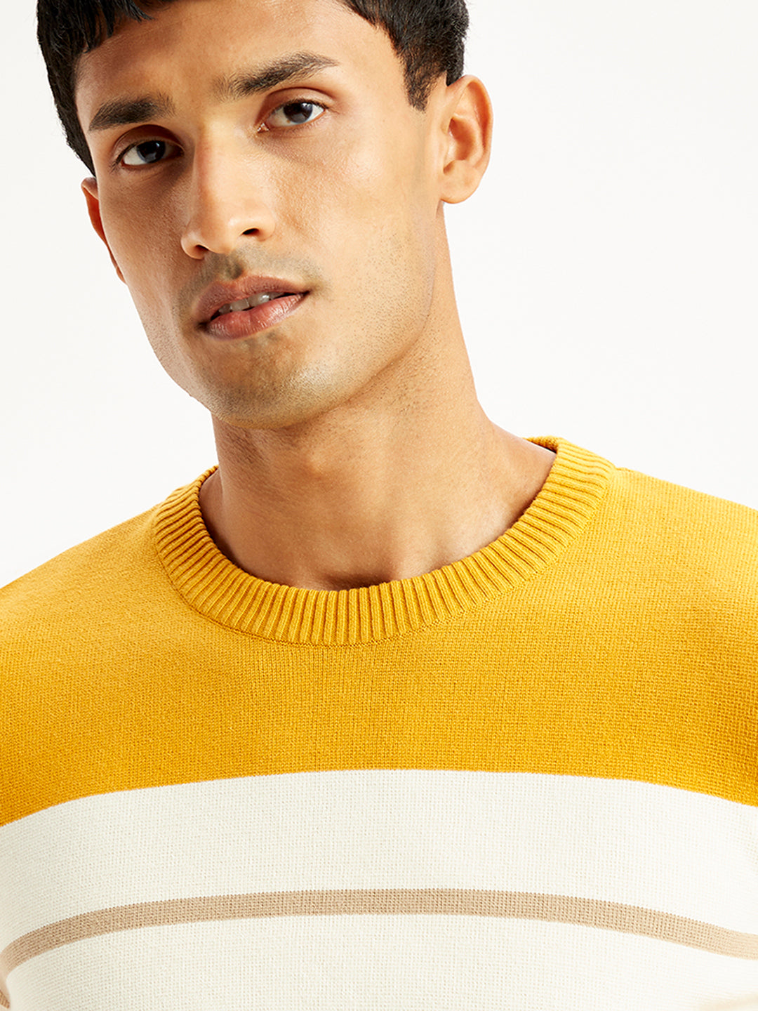 Men's Striped Mustard Crew Neck Sweater