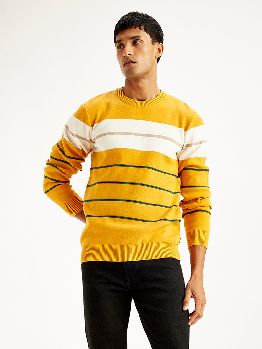 Men's Striped Mustard Crew Neck Sweater