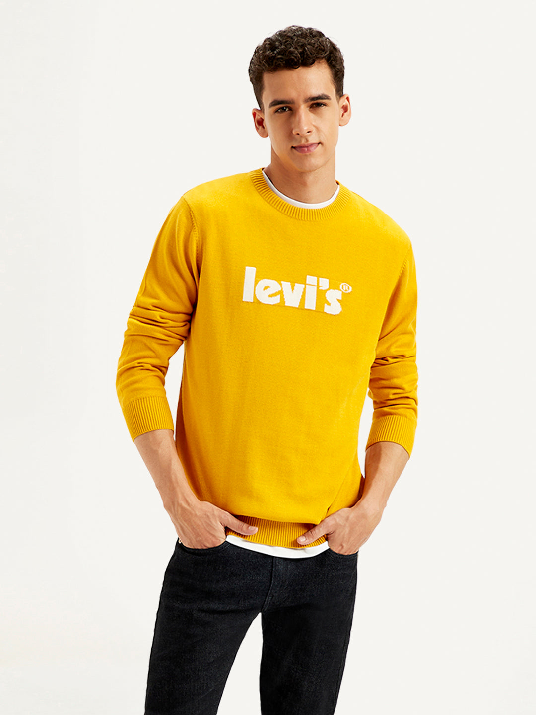 Men's Brand Logo Yellow Crew Neck Sweater