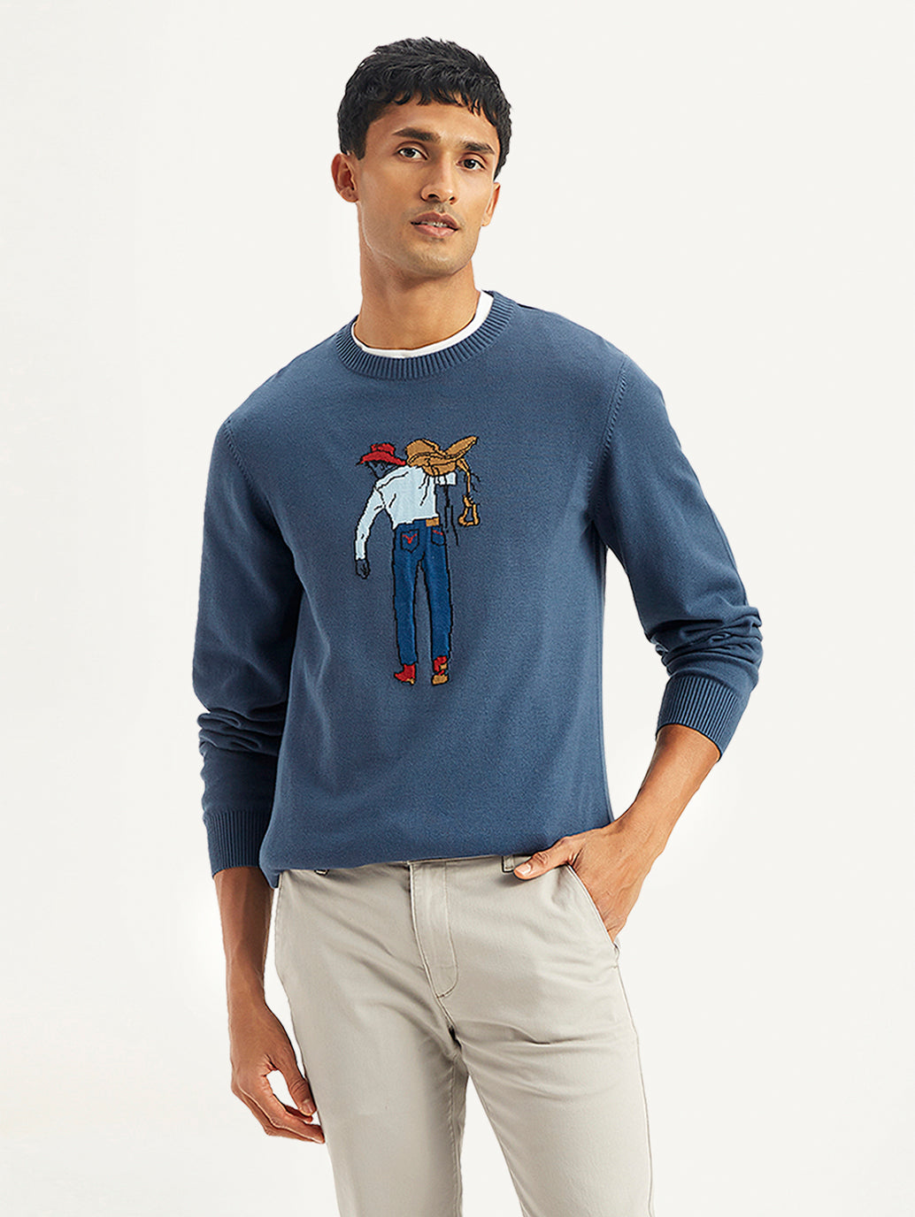 Men's Graphic Print Blue Crew Neck Sweater