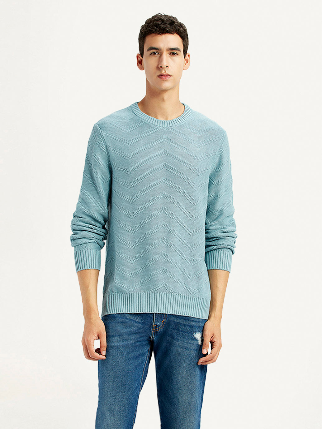 Men's Chevron Light Blue Crew Neck Sweater - Front View