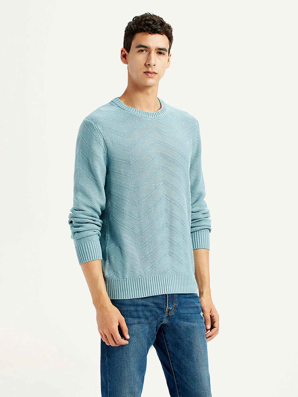 Men's Chevron Light Blue Crew Neck Sweater - Side View