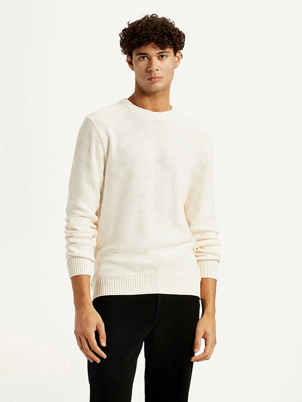 Men's Self Design Off White Crew Neck Sweater - Front View