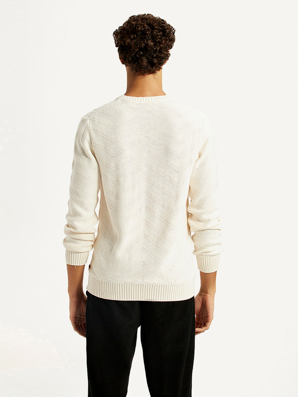 Men's Self Design Off White Crew Neck Sweater - Back View