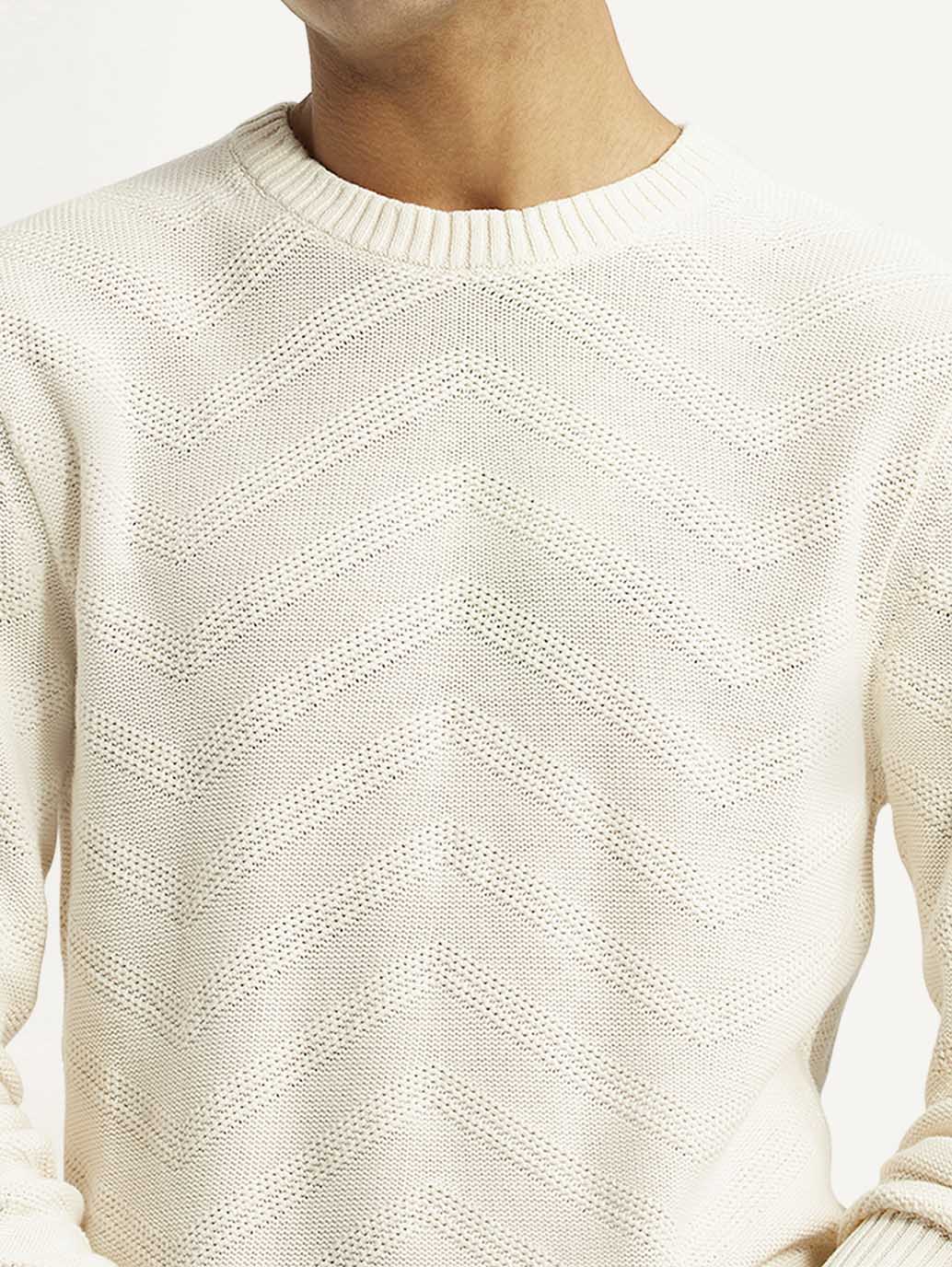Men's Self Design Off White Crew Neck Sweater - Detail View