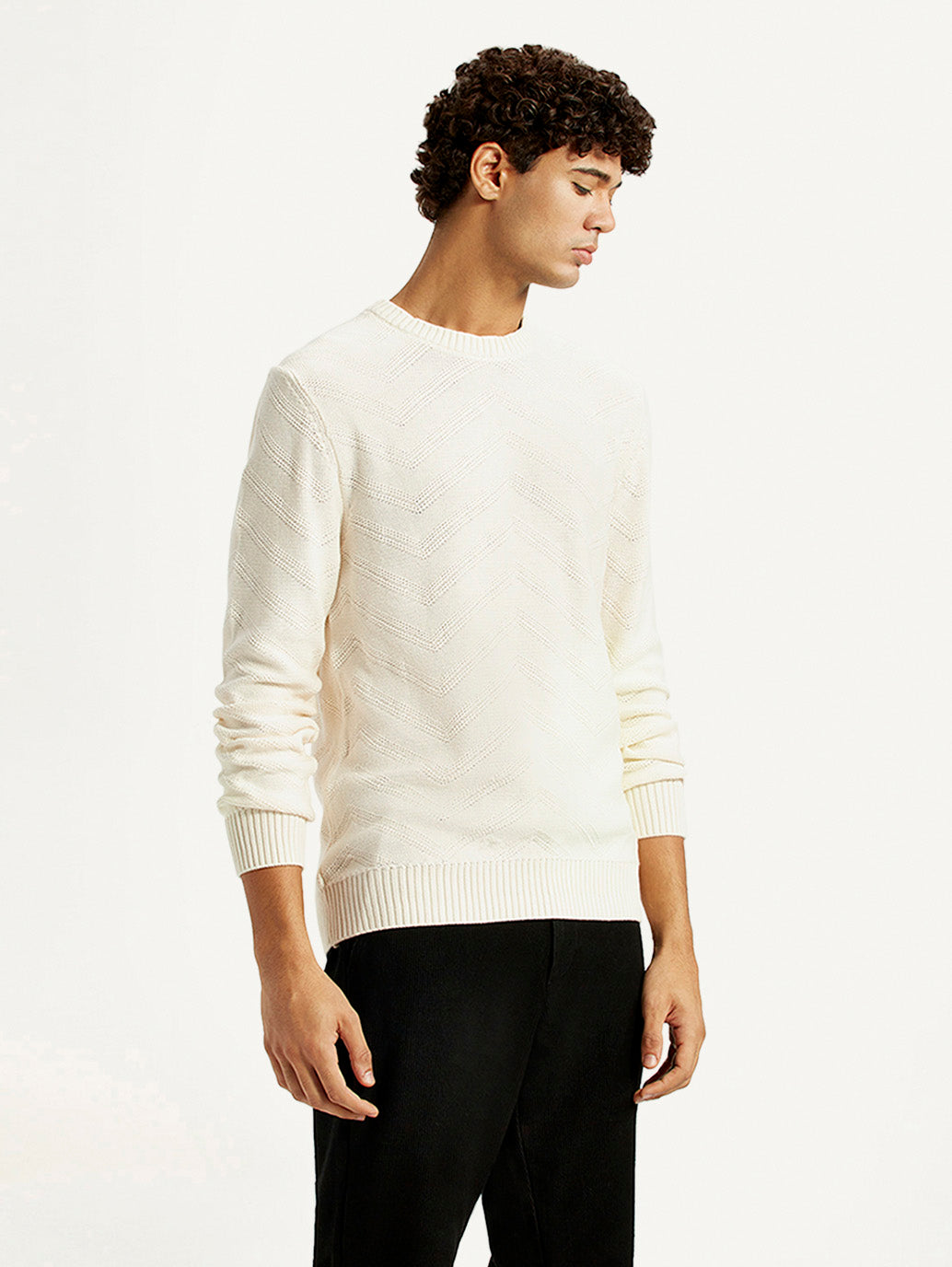Men's Self Design Off White Crew Neck Sweater - Side View