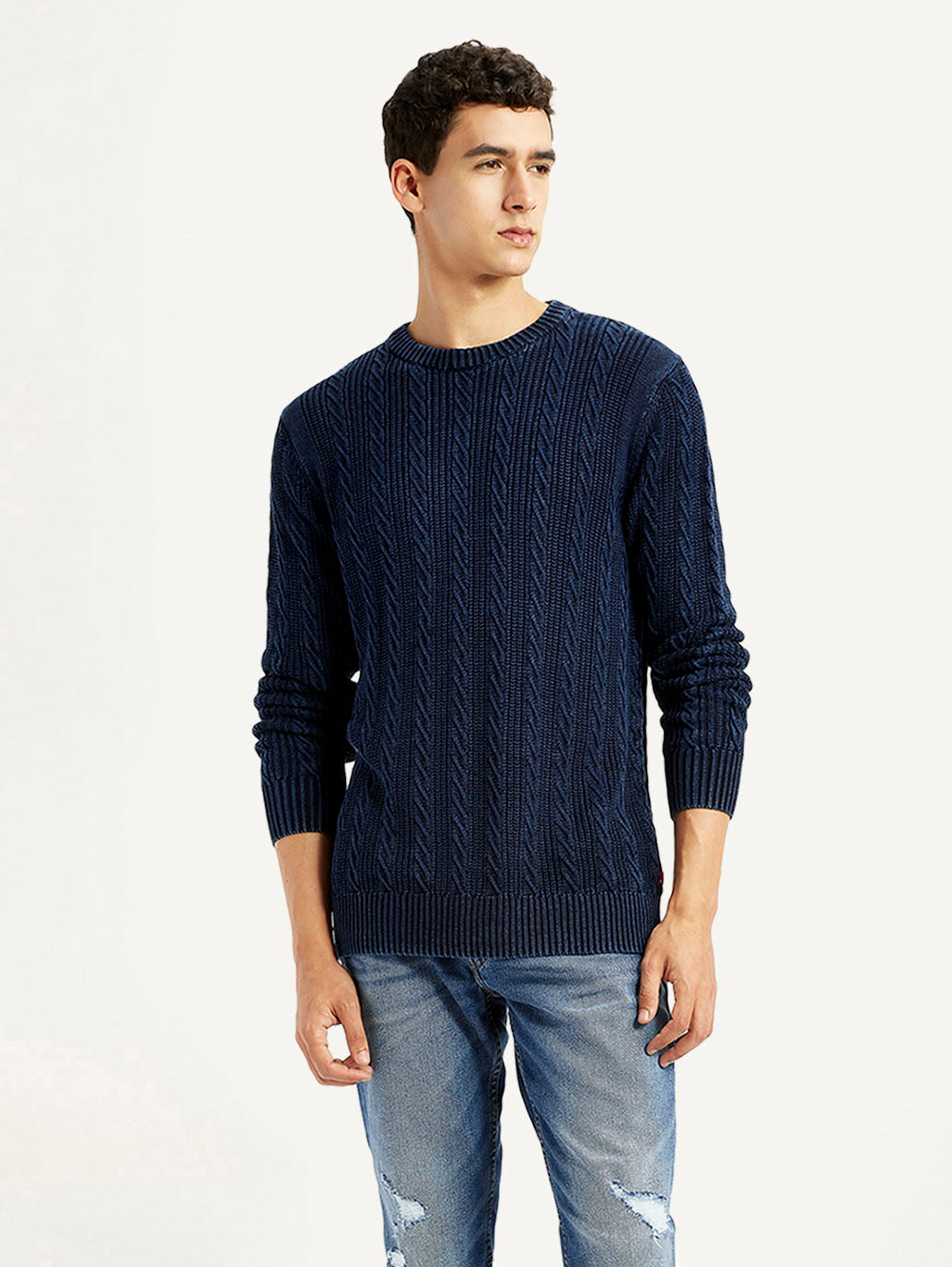 Men's Indigo Crew Neck Sweater - Styleshot View