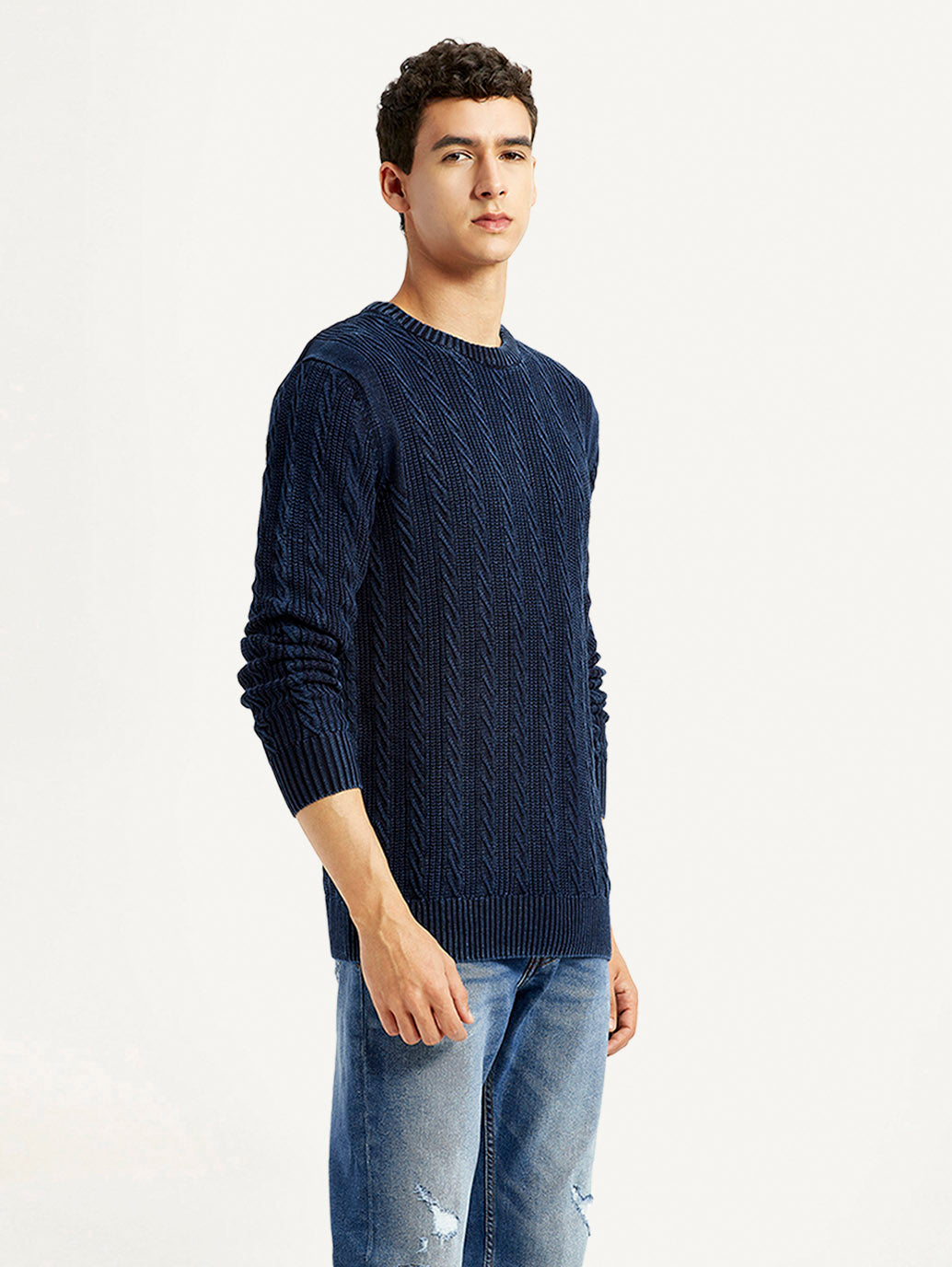 Men's Indigo Crew Neck Sweater - Side View