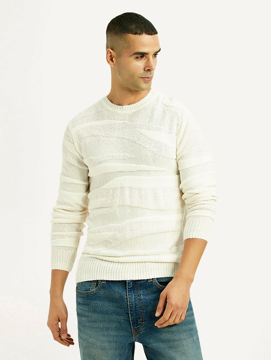 Men's Textured Off White Crew Neck Sweater - Front View