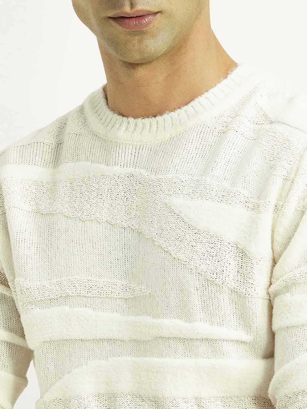 Men's Textured Off White Crew Neck Sweater - Detail View