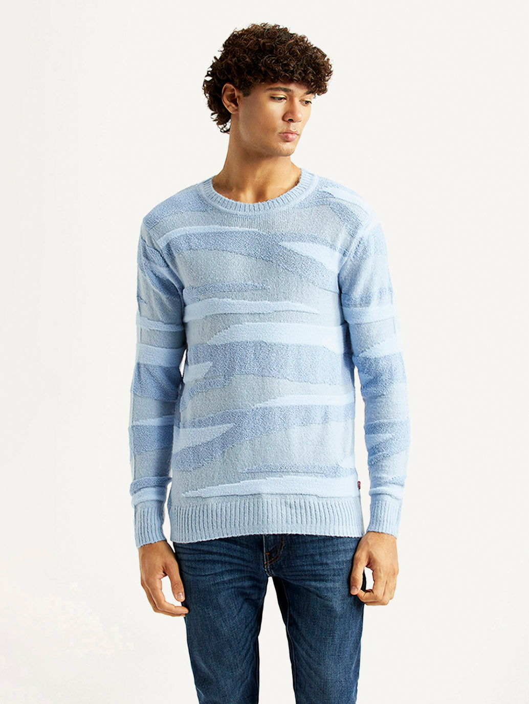 Men's Abstract Light Blue Crew Neck Sweater - Styleshot View