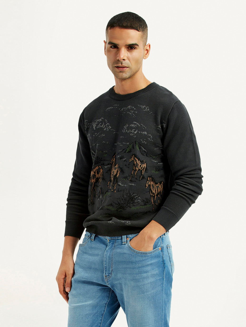 Men's Graphic Black Crew Neck Sweater