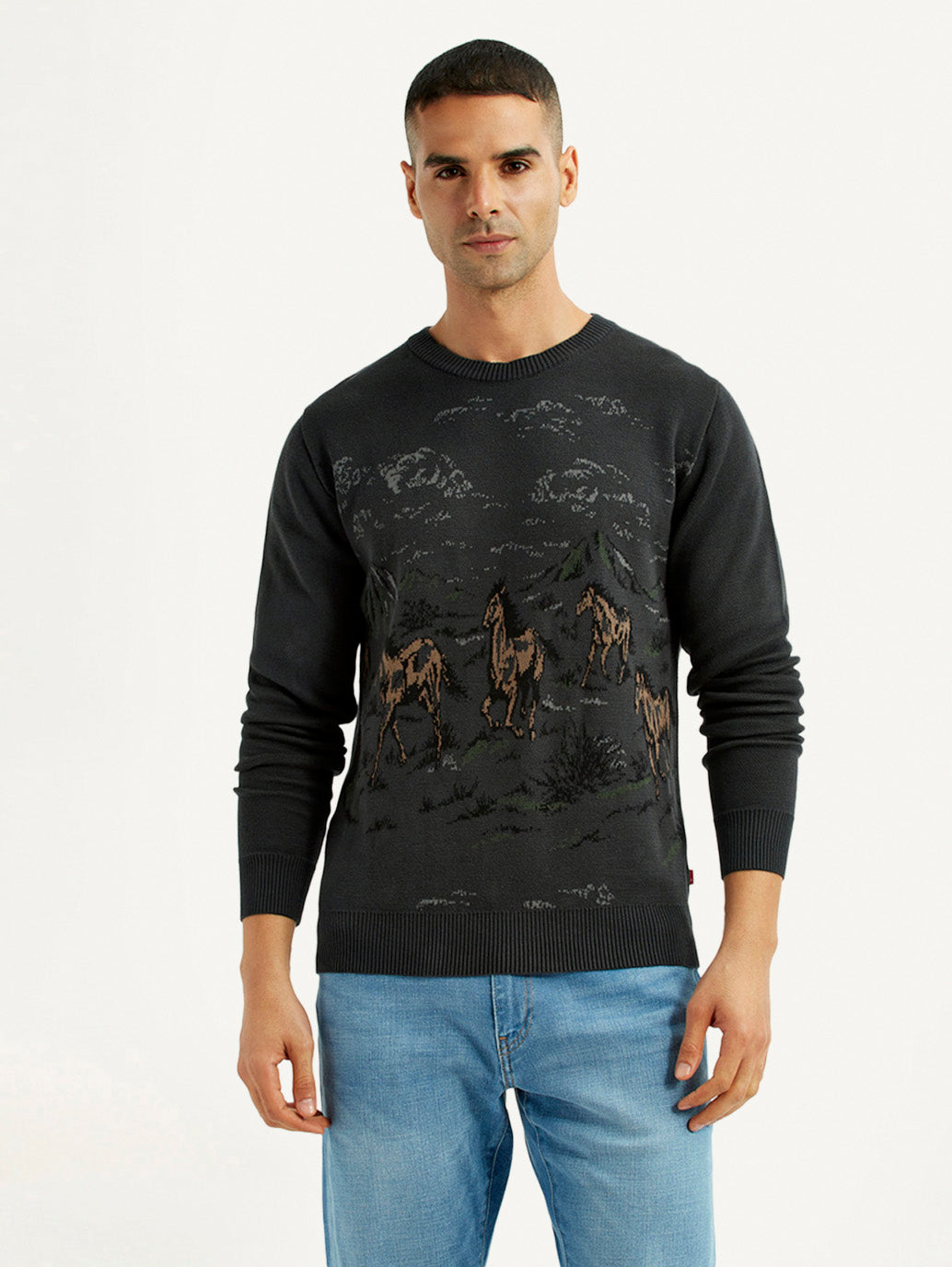 Men's Graphic Black Crew Neck Sweater - Front View