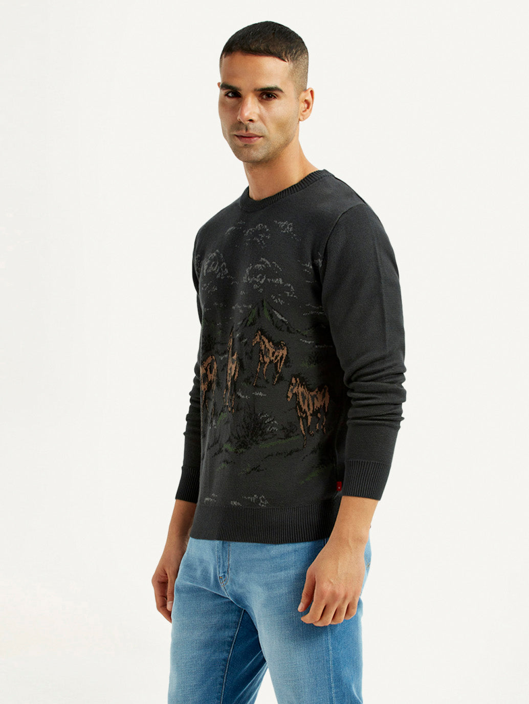 Men's Graphic Black Crew Neck Sweater - Side View