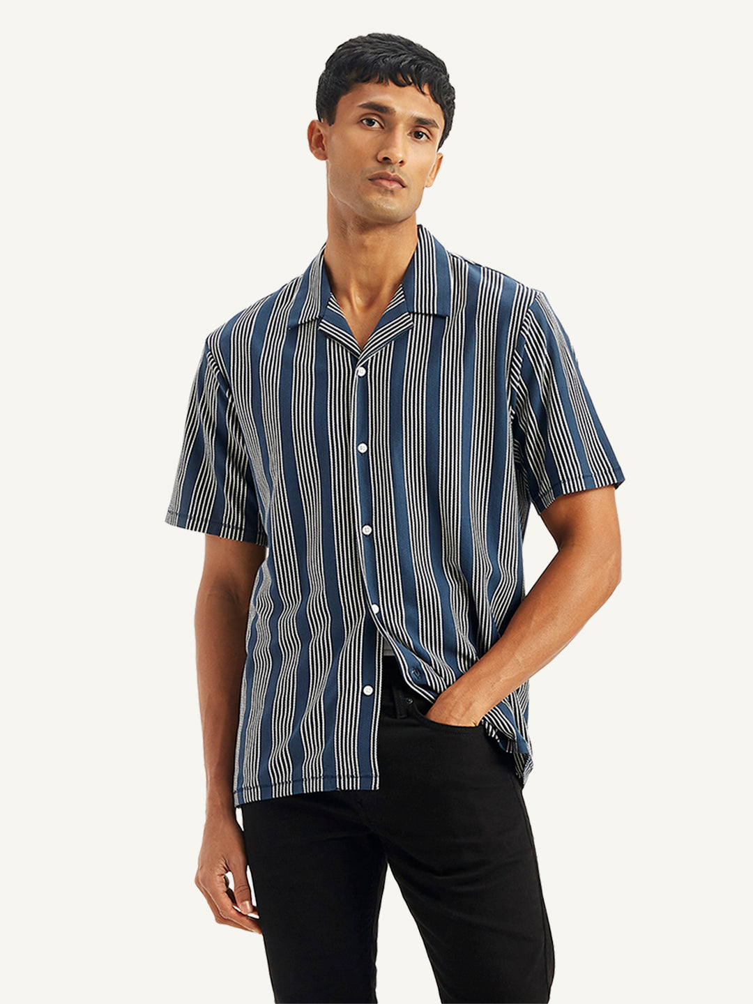 Men's Striped Regular Fit Camp Shirt