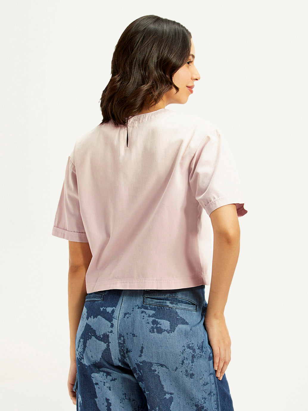 Women's Solid Light Pink Round Neck Top - back View