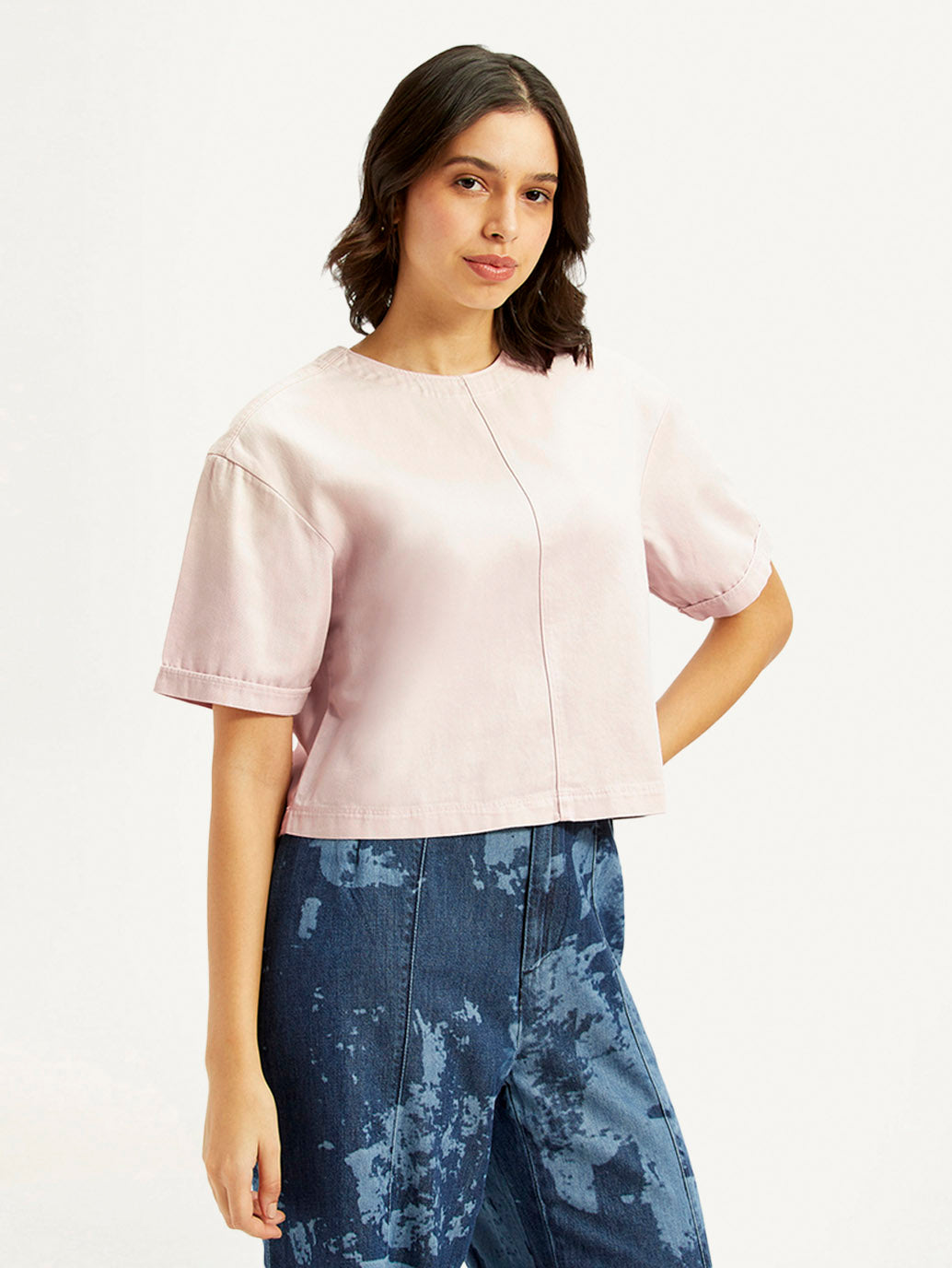 Women's Solid Light Pink Round Neck Top - Side View