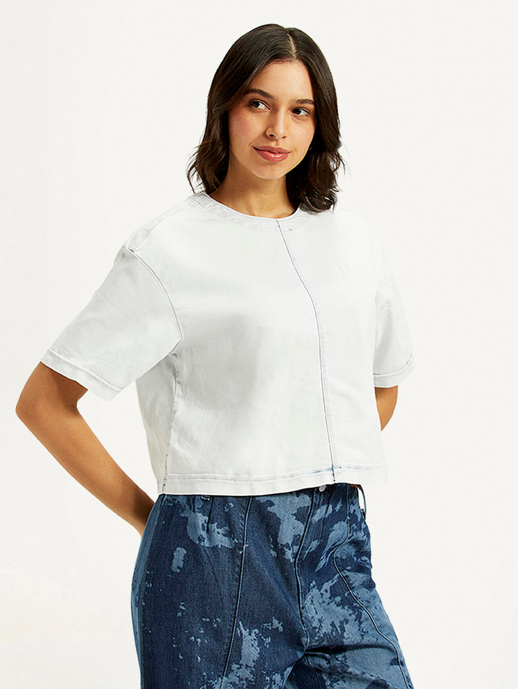 Women's Solid White Round Neck Top - Side View