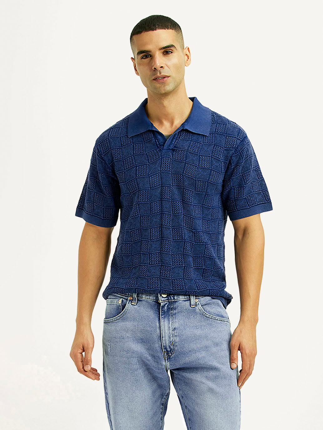 Men's Self Design Blue Loose Fit Polo T-Shirt - Styleshot View