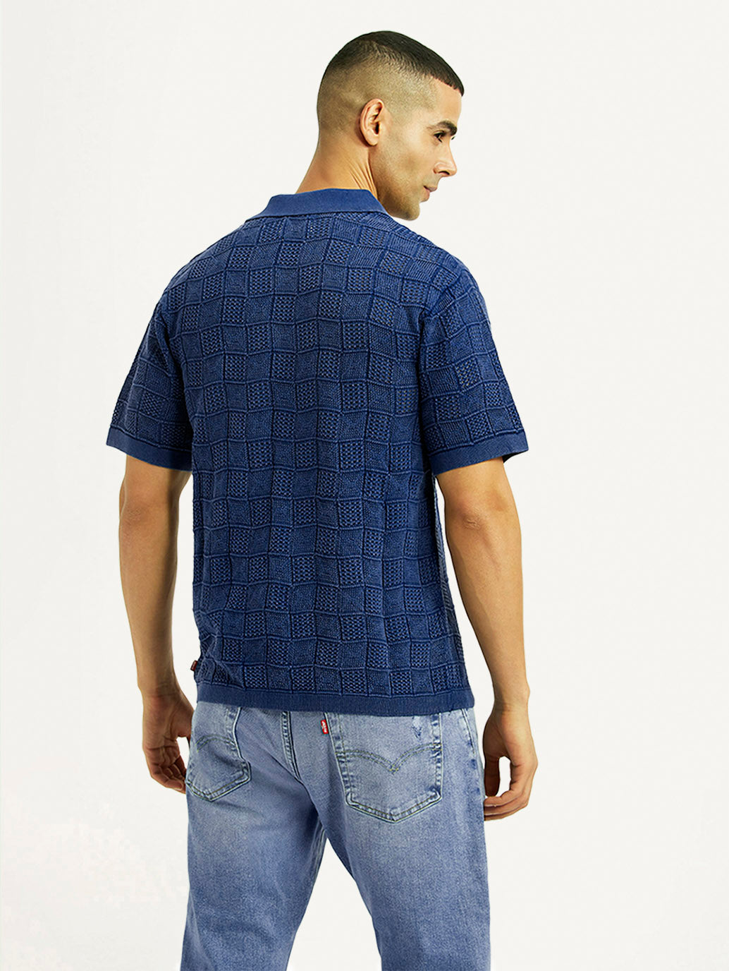 Men's Self Design Blue Loose Fit Polo T-Shirt - Back View