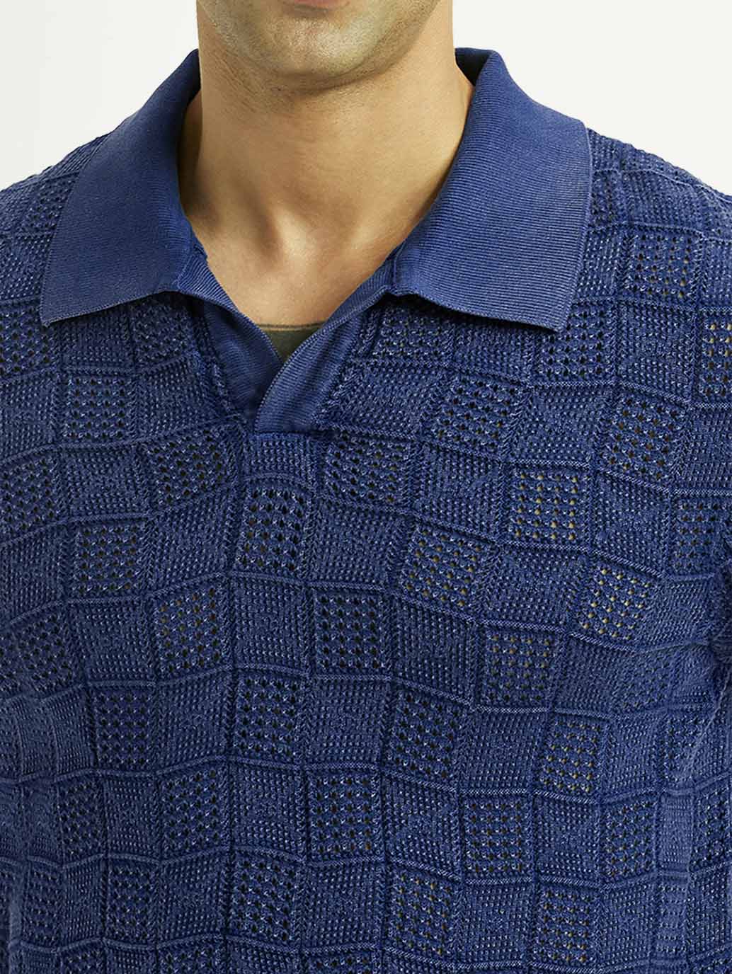 Men's Self Design Blue Loose Fit Polo T-Shirt - Detail View