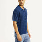 Men's Self Design Blue Loose Fit Polo T-Shirt - Side View