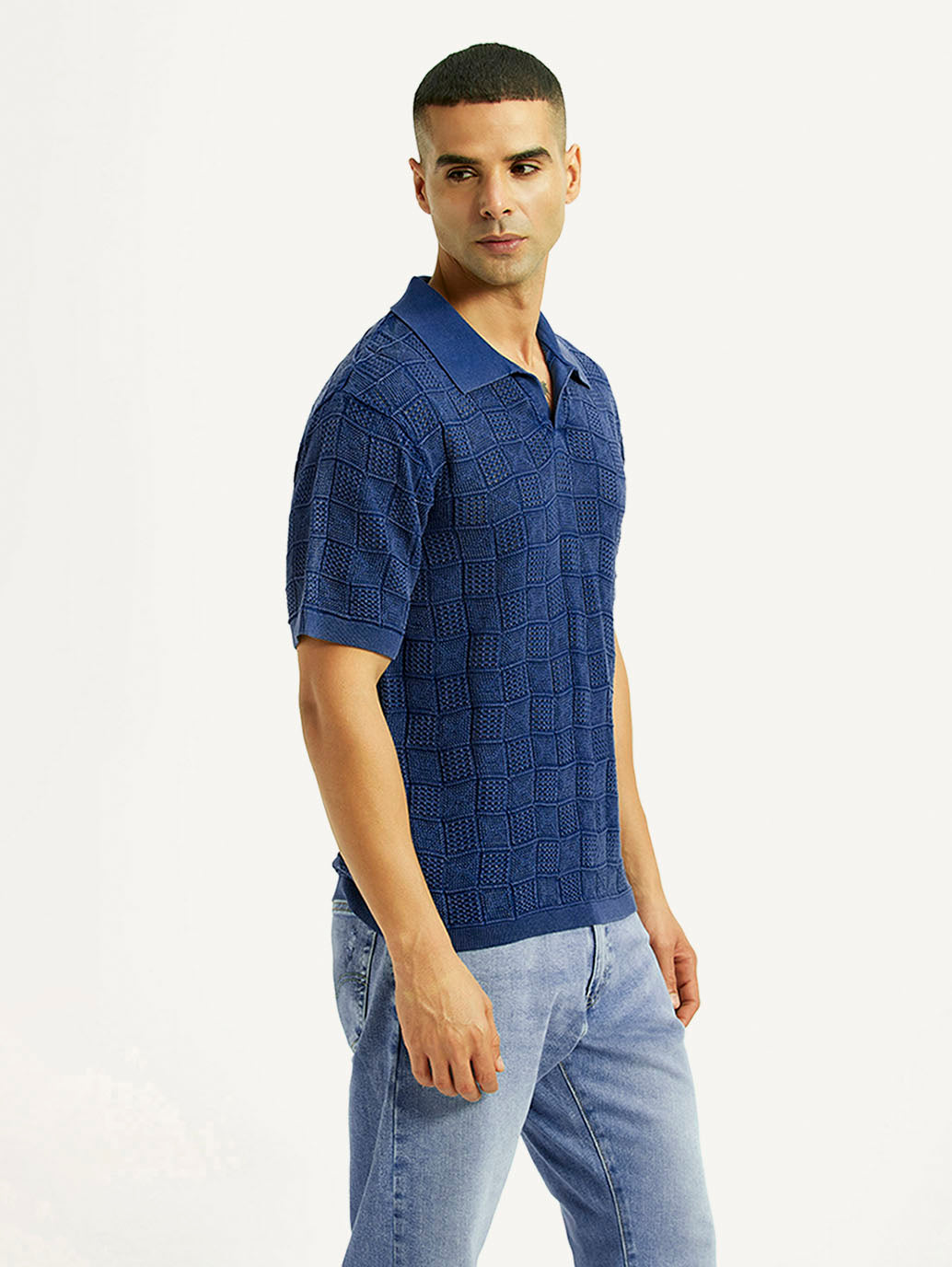 Men's Self Design Blue Loose Fit Polo T-Shirt - Side View