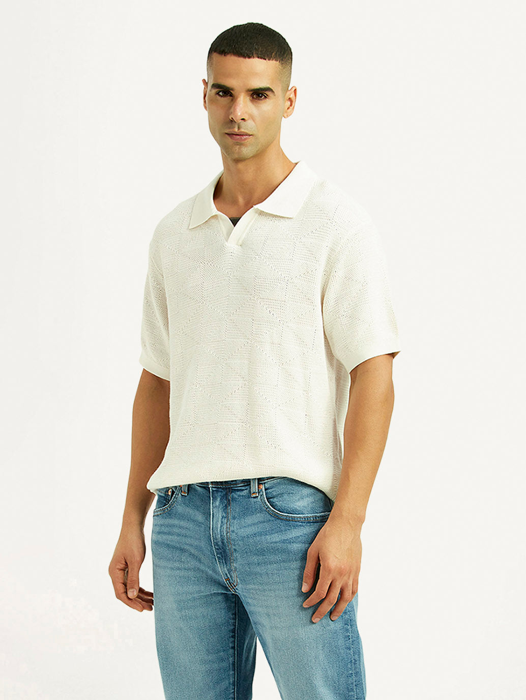 Men's Self Design Off White Loose Fit Polo T-Shirt - Styleshot View