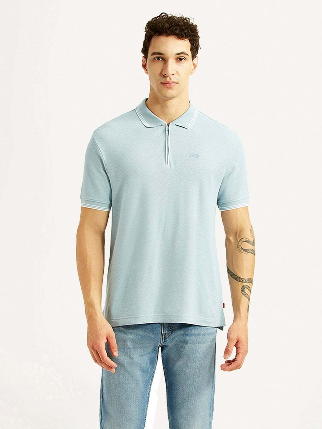 Men's Solid Light Blue Slim Fit Polo T-shirt - Front View