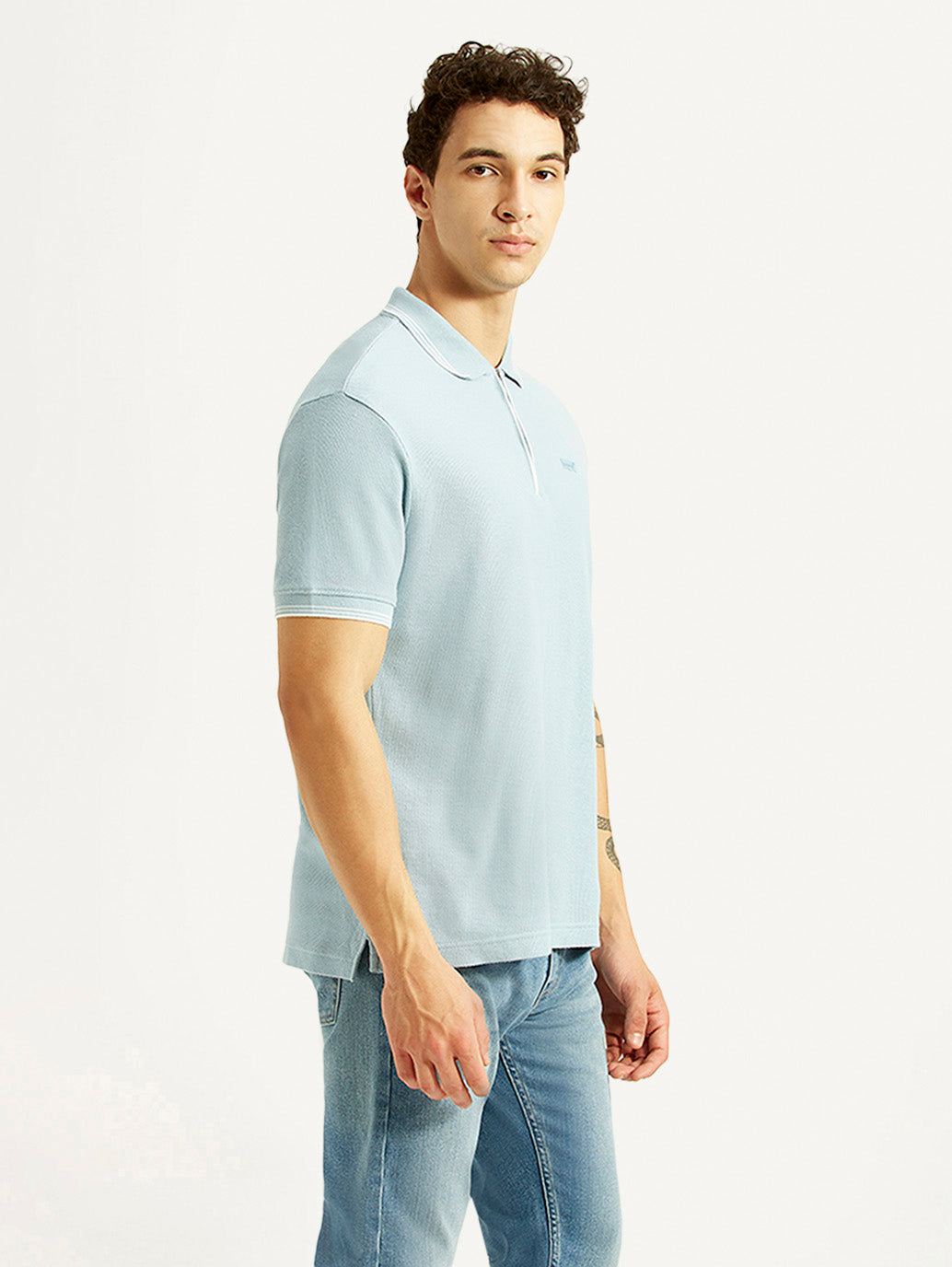 Men's Solid Light Blue Slim Fit Polo T-shirt - Side View