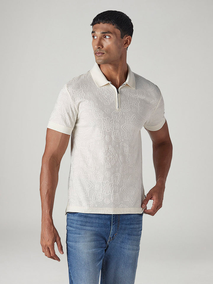 Men's Self Design Off-White Polo T-shirt
