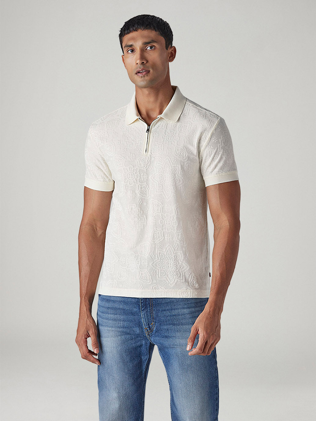 Men's Self Design Off-White Polo T-shirt - Front View