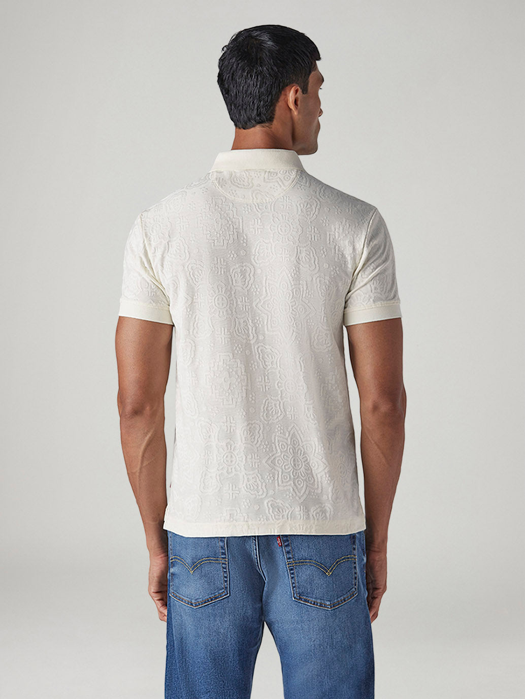 Men's Self Design Off-White Polo T-shirt - Back View