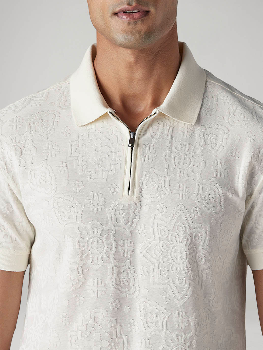 Men's Self Design Off-White Polo T-shirt - 20 View