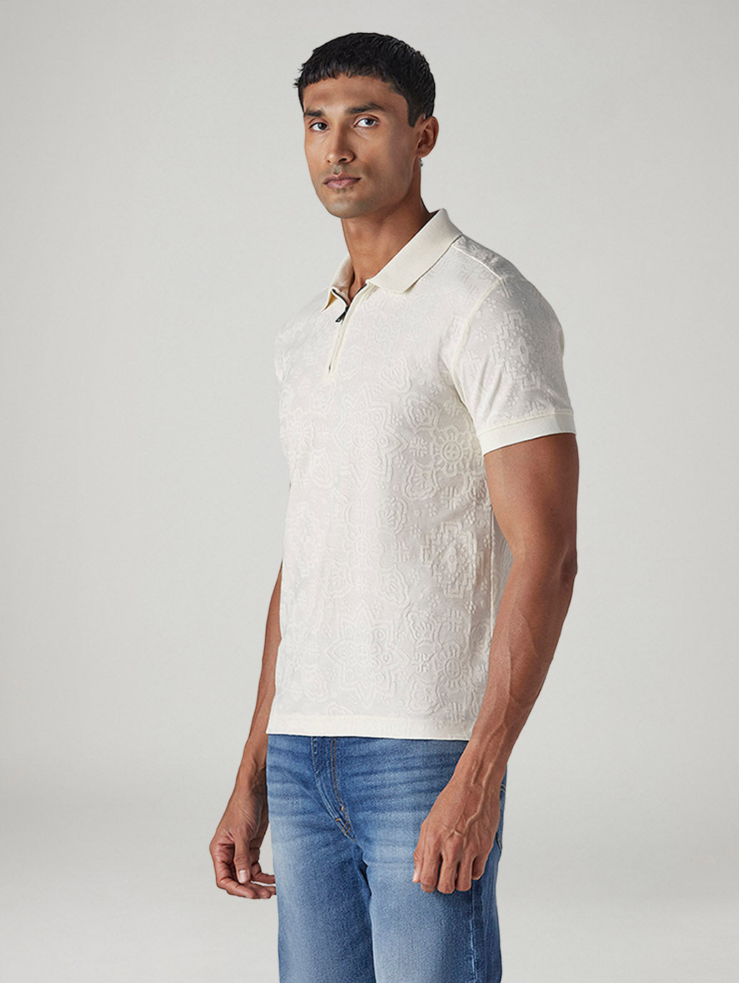 Men's Self Design Off-White Polo T-shirt - Side View
