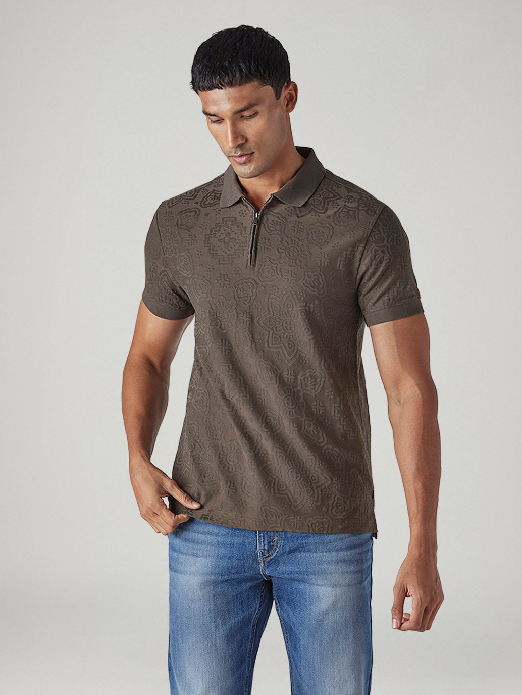 Men's Self Design Brown Polo T-shirt