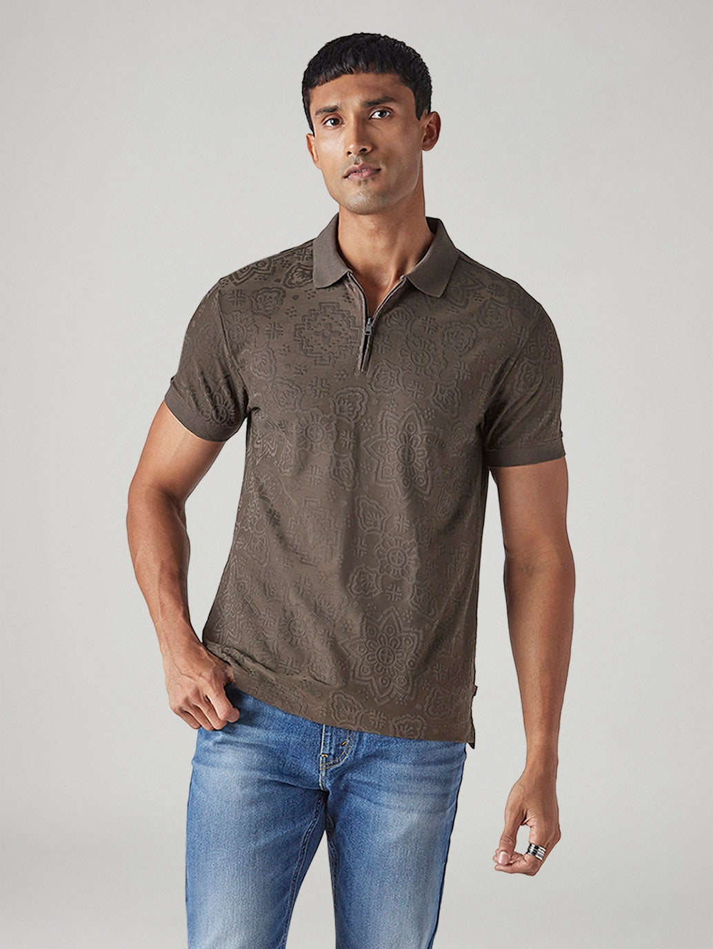 Men's Self Design Brown Polo T-shirt - Front View