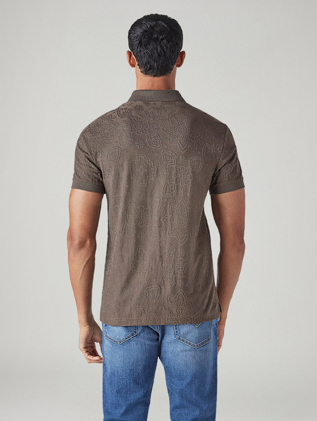 Men's Self Design Brown Polo T-shirt - Back View