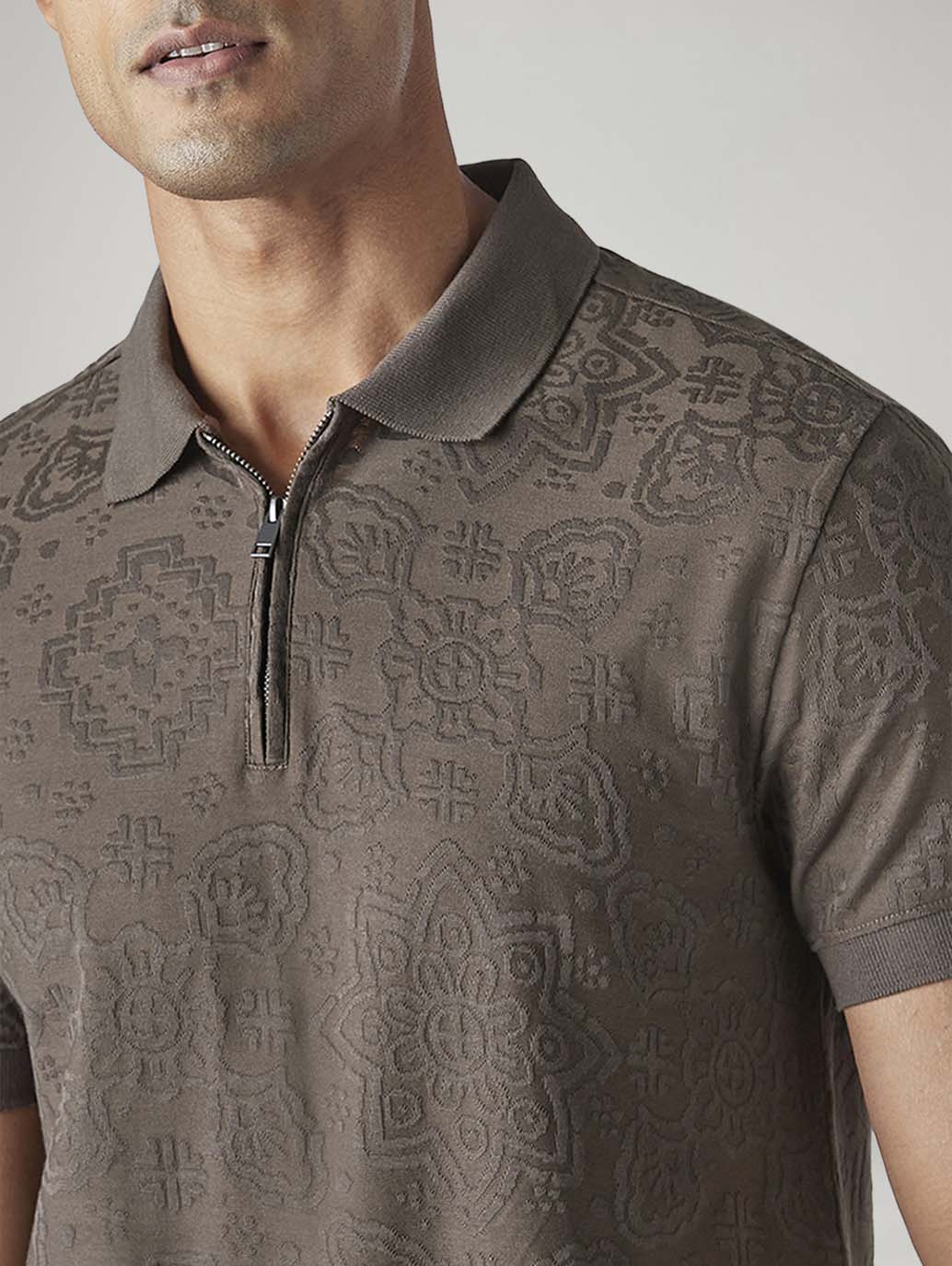 Men's Self Design Brown Polo T-shirt - Detail View