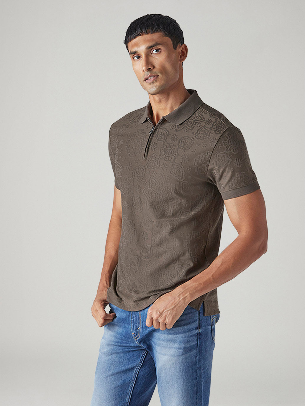 Men's Self Design Brown Polo T-shirt - Side View
