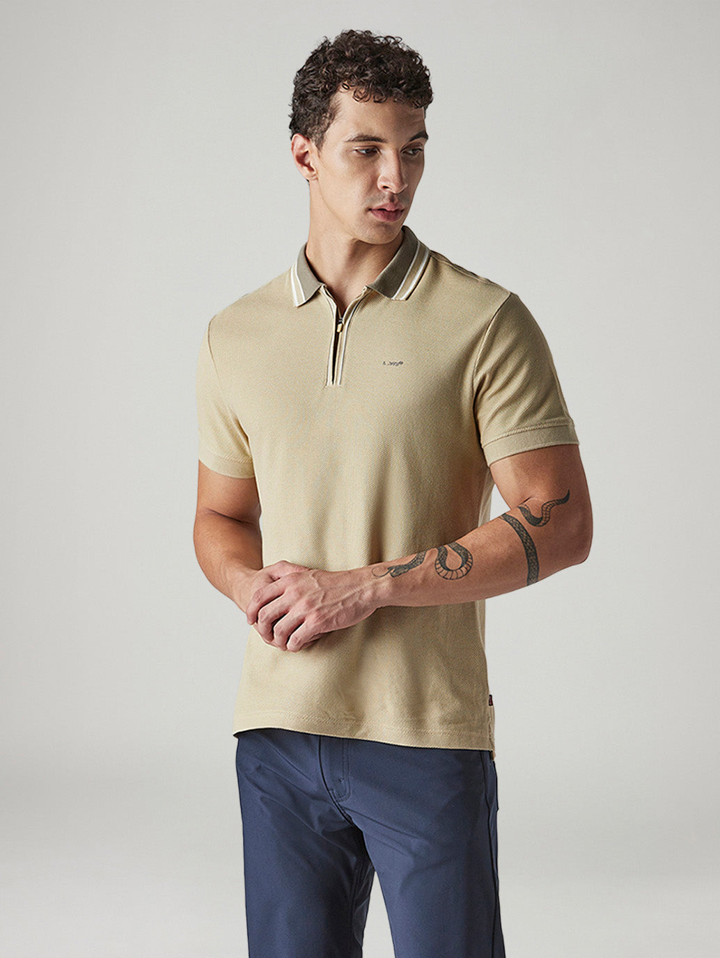 Men's Solid Beige Textured Polo T shirt
