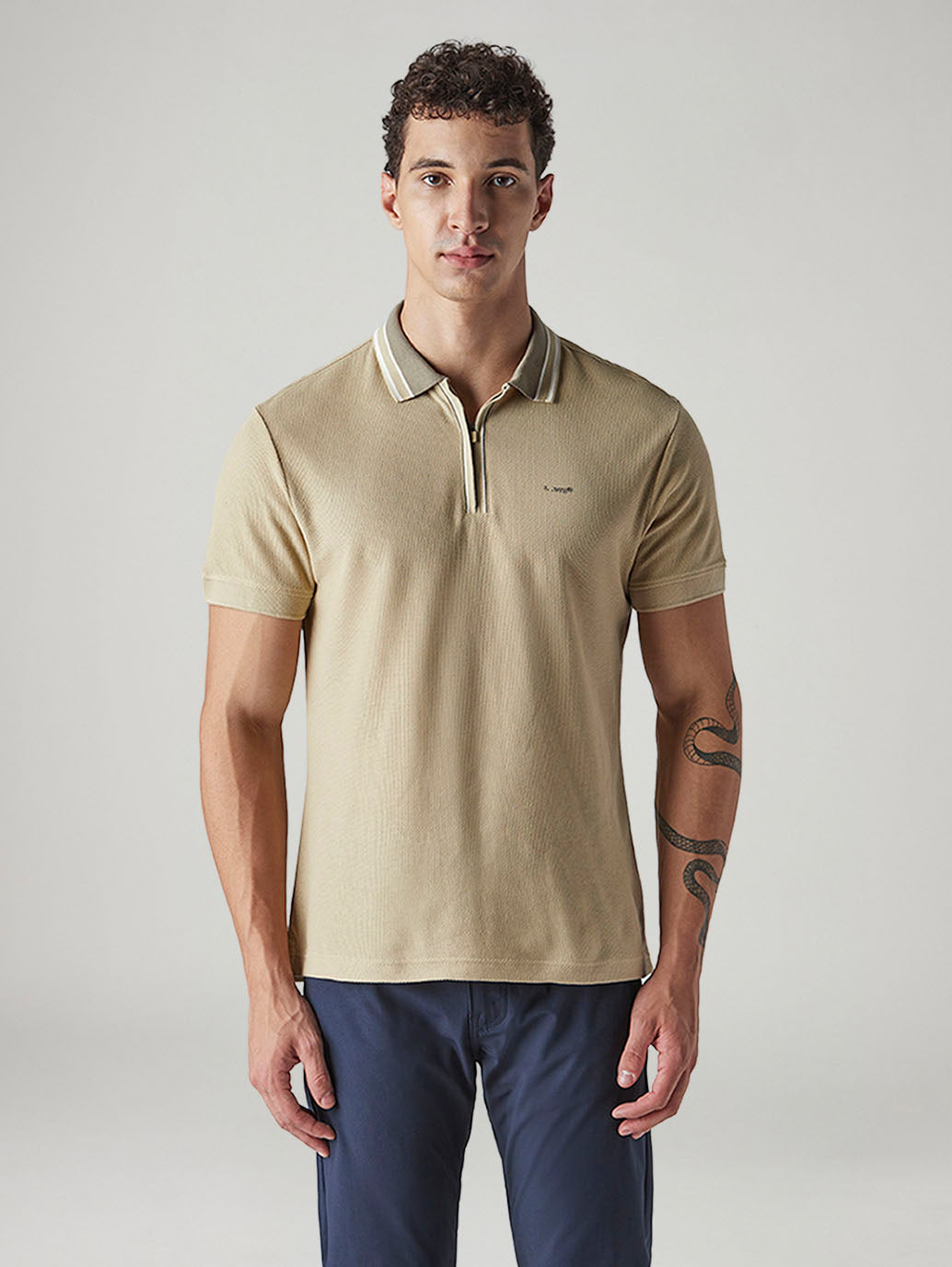 Men's Solid Beige Textured Polo T shirt - Front View
