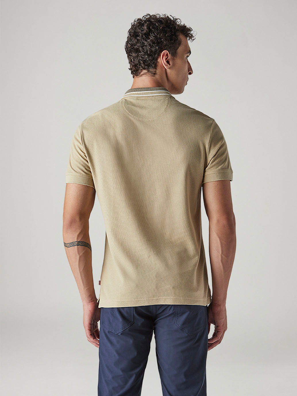 Men's Solid Beige Textured Polo T shirt - Back View