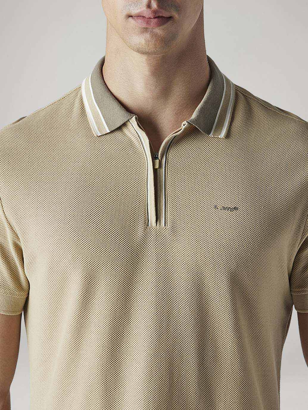 Men's Solid Beige Textured Polo T shirt - Detail View