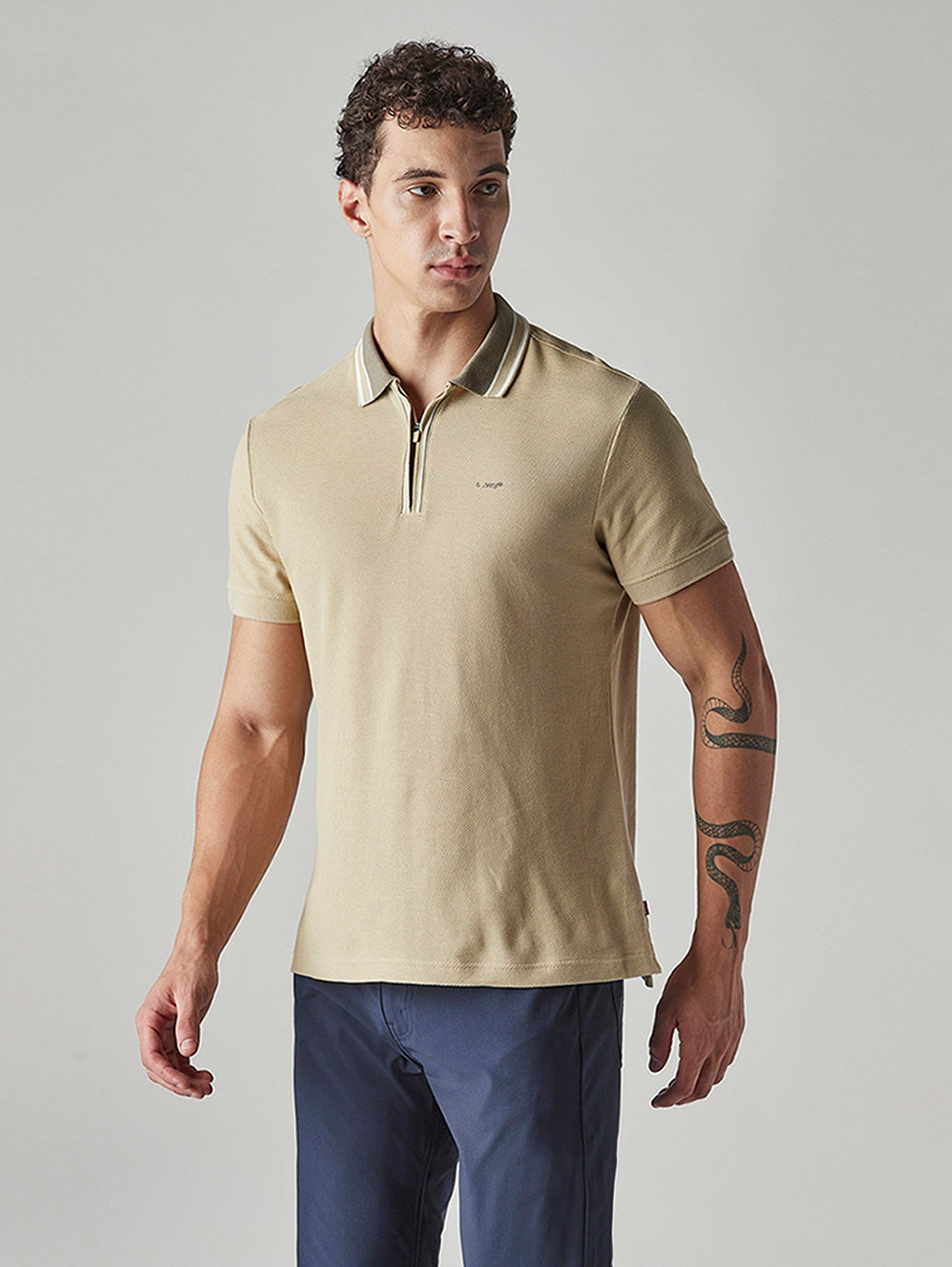 Men's Solid Beige Textured Polo T shirt - Side View