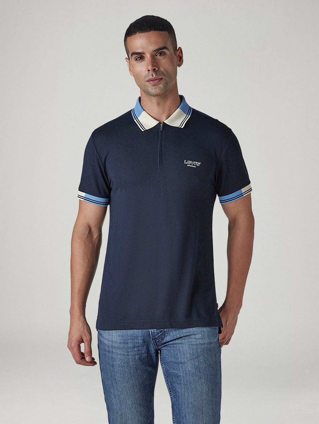 Men's Colorblock Navy Tech Pique Polo T-shirt - Front View