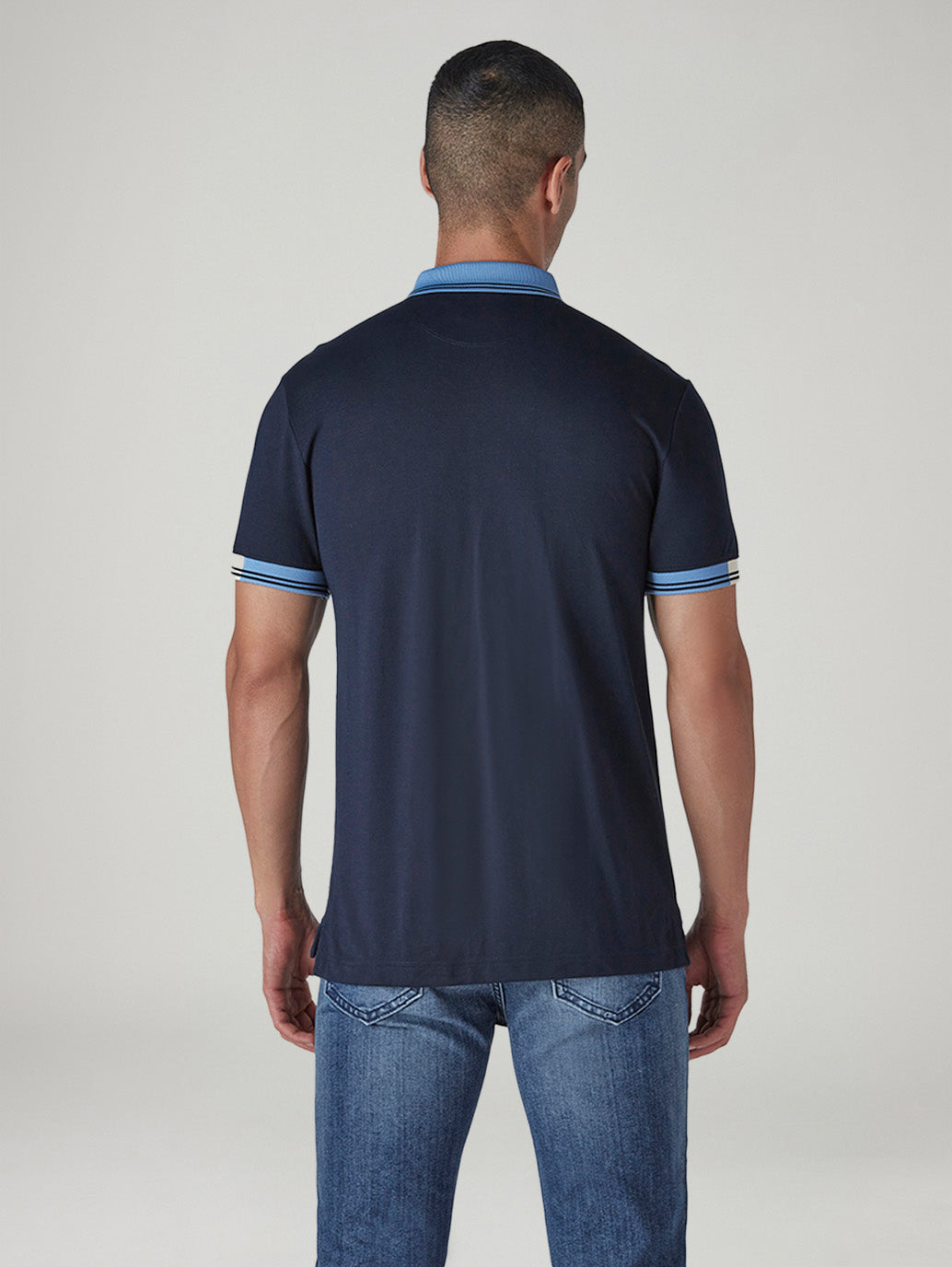 Men's Colorblock Navy Tech Pique Polo T-shirt - Back View