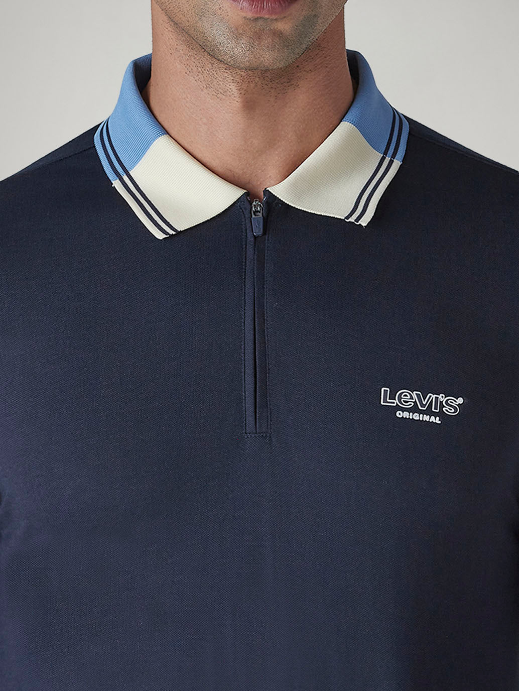 Men's Colorblock Navy Tech Pique Polo T-shirt - Detail View