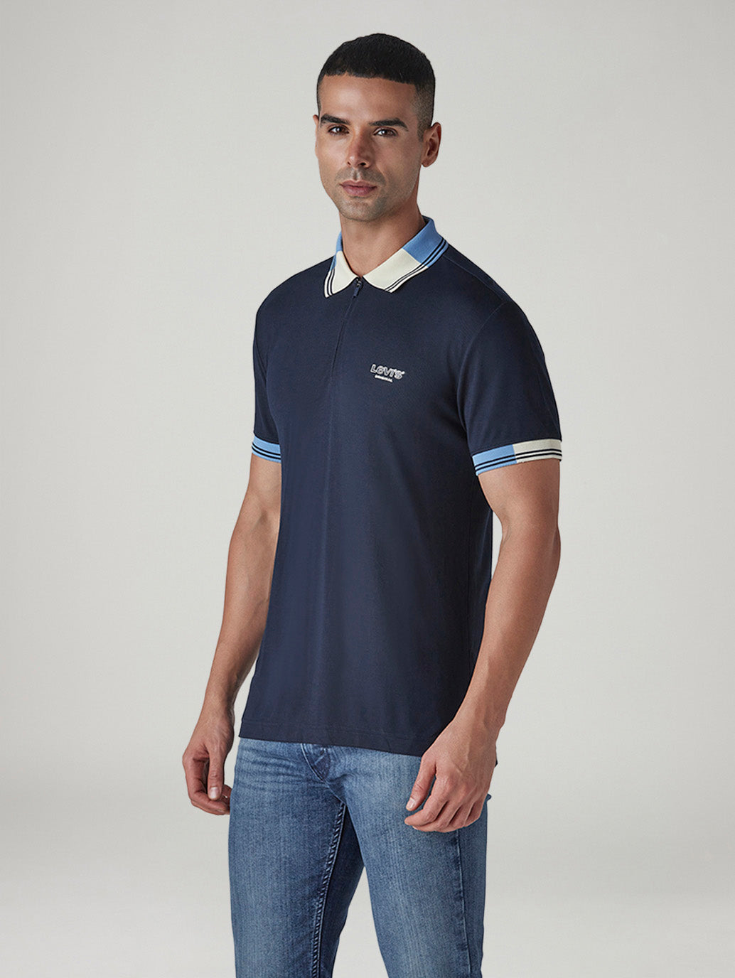 Men's Colorblock Navy Tech Pique Polo T-shirt - Side View